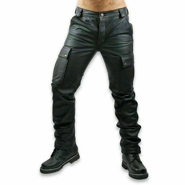 Men's Real Black Leather Motorbike Pants Biker Jeans Cargo 6 Pocket Trouser BLUF - Fashions Garb