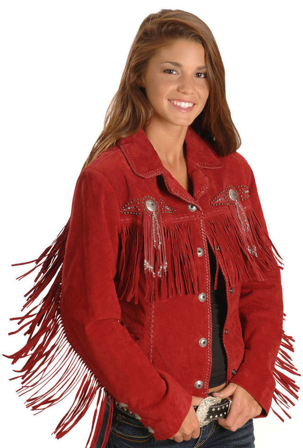 Women's Western Style Red Color Fringed Suede Real Leather Concho Beaded Jacket