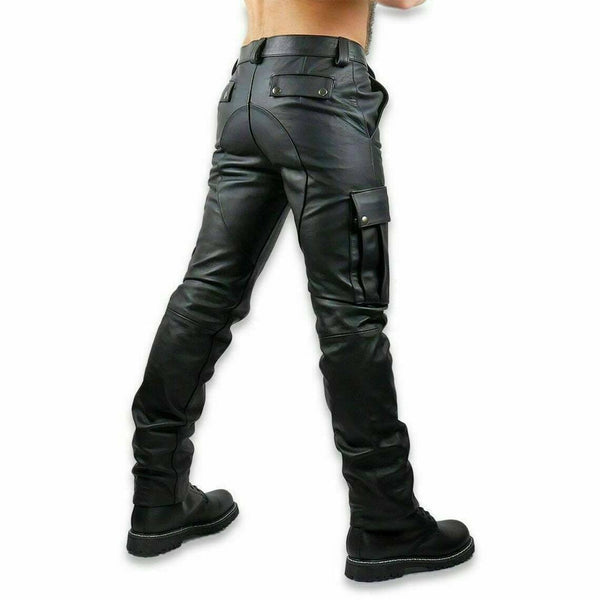 Men's Real Black Leather Motorbike Pants Biker Jeans Cargo 6 Pocket Trouser BLUF - Fashions Garb