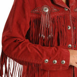Women's Western Style Red Color Fringed Suede Real Leather Concho Beaded Jacket