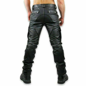 Men's Real Black Leather Motorbike Pants Biker Jeans Cargo 6 Pocket Trouser BLUF - Fashions Garb