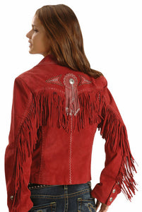 Women's Western Style Red Color Fringed Suede Real Leather Concho Beaded Jacket