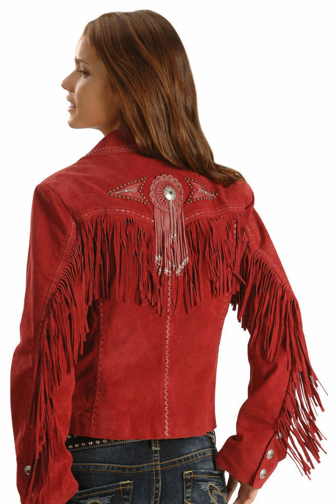 Women's Western Style Red Color Fringed Suede Real Leather Concho Beaded Jacket