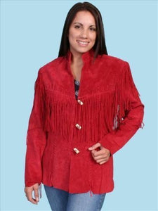 Women's Red Color Suede Vintage Leather Western Style Fringed  Jacket