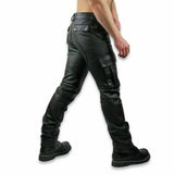 Men's Real Black Leather Motorbike Pants Biker Jeans Cargo 6 Pocket Trouser BLUF - Fashions Garb