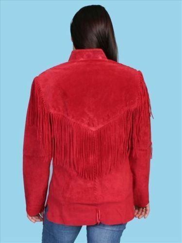 Women's Red Color Suede Vintage Leather Western Style Fringed  Jacket