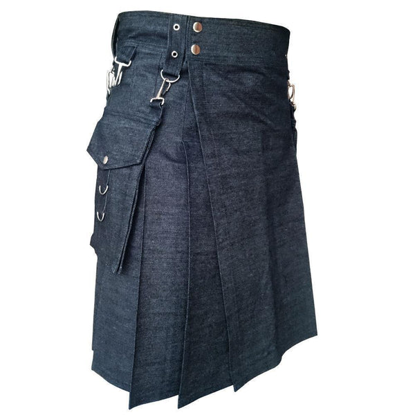 Mens Black Detachable Pocket Denim Utility Kilt