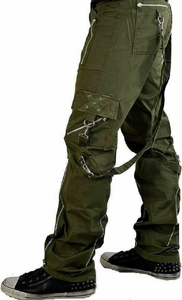 MENS BONDAGE STRAPS ZIPPER GOTHIC PUNK ARMY GREEN GOTH JEANS PANTS