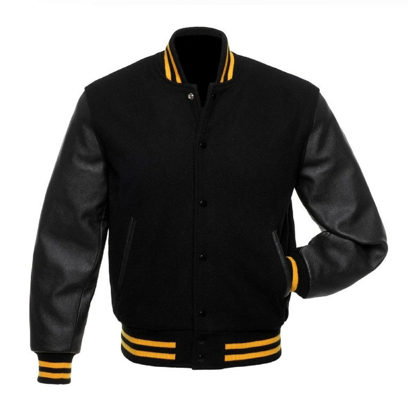 Black Wool Varsity Letterman Bomber Jacket Real Leather Sleeves Rib Black & Yellow - Fashions Garb