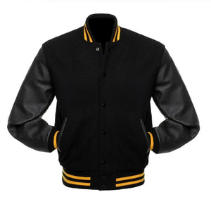 Black Wool Varsity Letterman Bomber Jacket Real Leather Sleeves Rib Black & Yellow - Fashions Garb