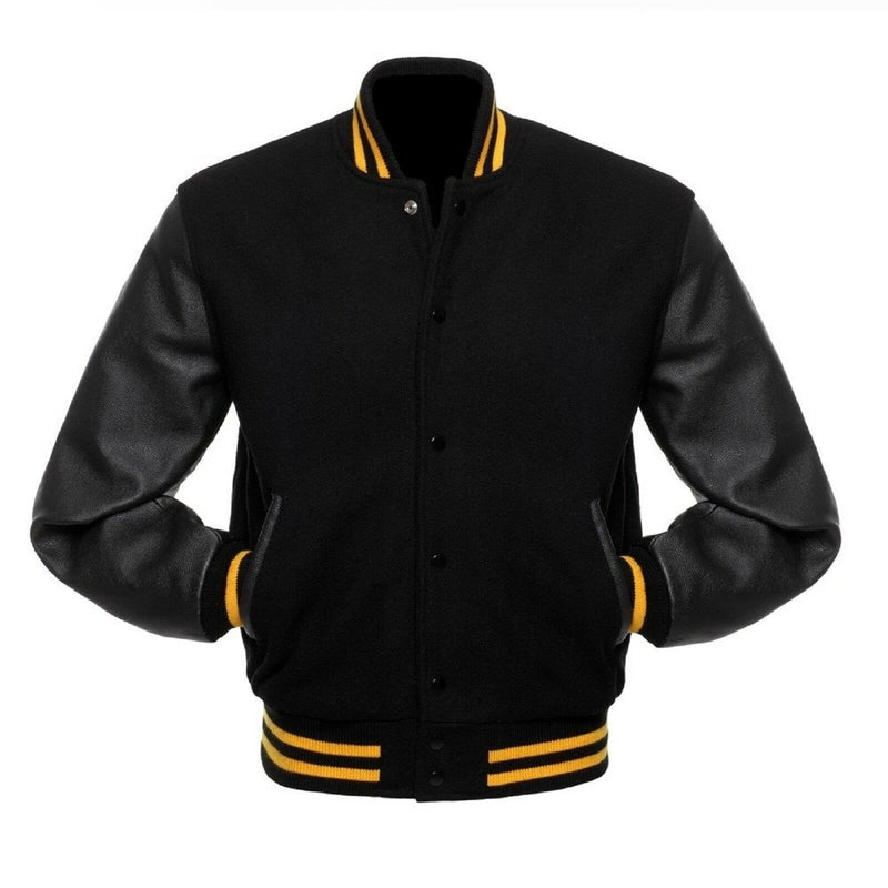 Black Wool Varsity Letterman Bomber Jacket Real Leather Sleeves Rib Black & Yellow - Fashions Garb