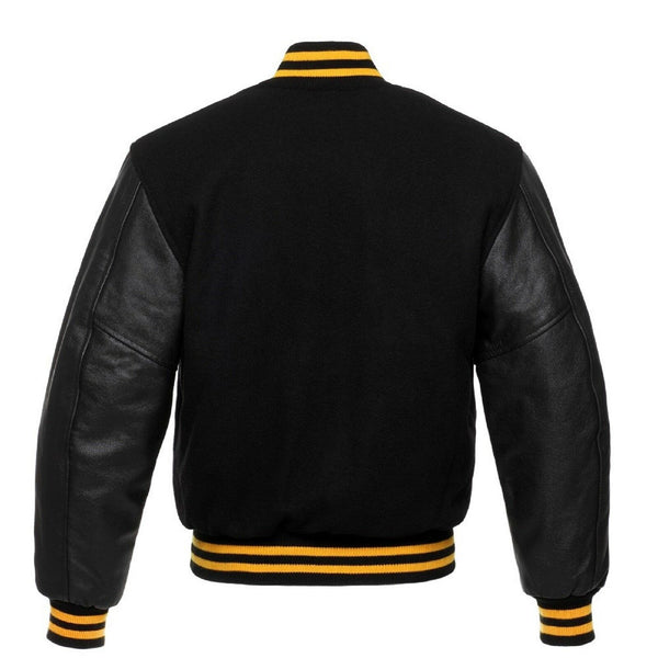 Black Wool Varsity Letterman Bomber Jacket Real Leather Sleeves Rib Black & Yellow - Fashions Garb