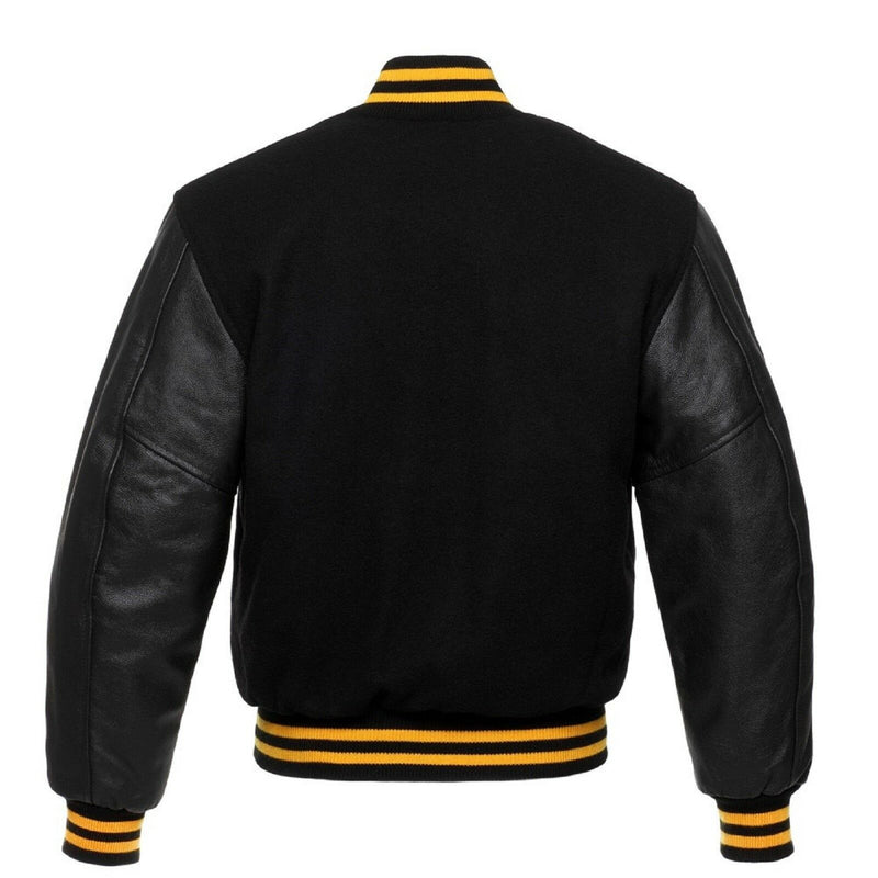 Black Wool Varsity Letterman Bomber Jacket Real Leather Sleeves Rib Black & Yellow - Fashions Garb