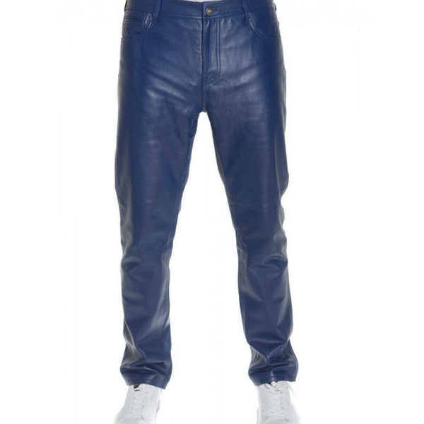 Men's Blue real Leather Pants 501 Jeans Rider Biker Men Trouser - Fashions Garb