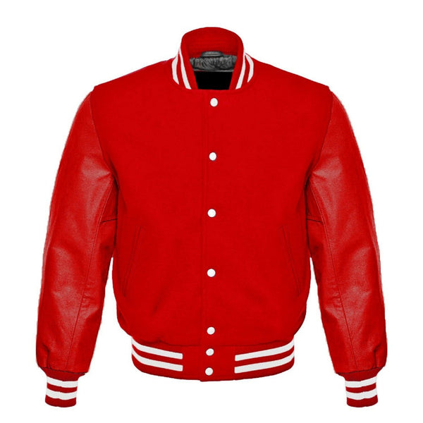 Red Wool & Red Real Leather Sleeves Letterman College 