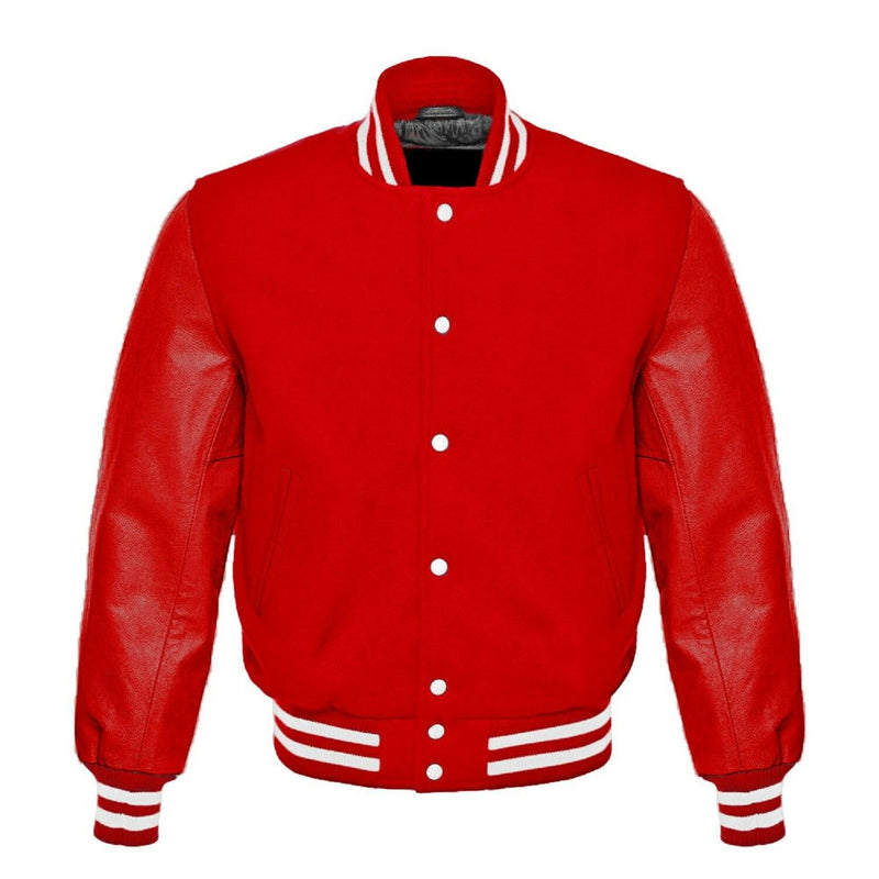 Red Wool & Red Real Leather Sleeves Letterman College 