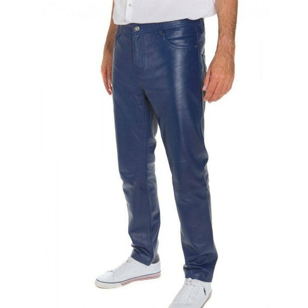 Men's Blue real Leather Pants 501 Jeans Rider Biker Men Trouser - Fashions Garb