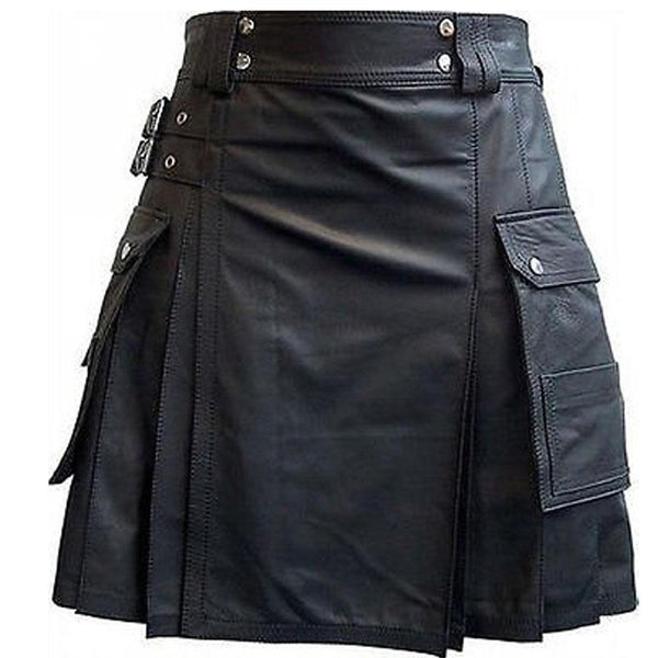 Men's Stylish Black Leather Kilt Twin Cargo Pockets Cowhide Leather