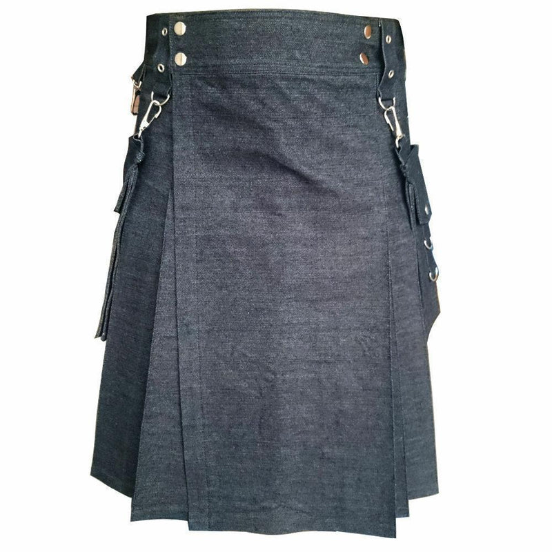 Mens Black Detachable Pocket Denim Utility Kilt