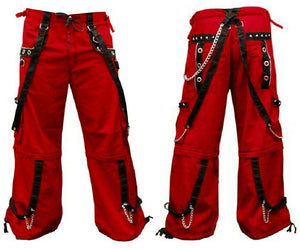 Gothic Men's Red Tripp Pant Trouser Black Straps Punk Rock Metal Chain