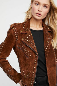 Woman Black Brown American Western Silver Studded Suede Leather Jacket