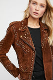 Woman Black Brown American Western Silver Studded Suede Leather Jacket