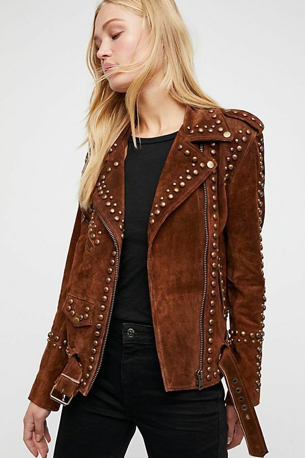 Woman Black Brown American Western Silver Studded Suede Leather Jacket
