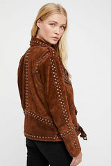 Woman Black Brown American Western Silver Studded Suede Leather Jacket