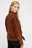 Woman Black Brown American Western Silver Studded Suede Leather Jacket