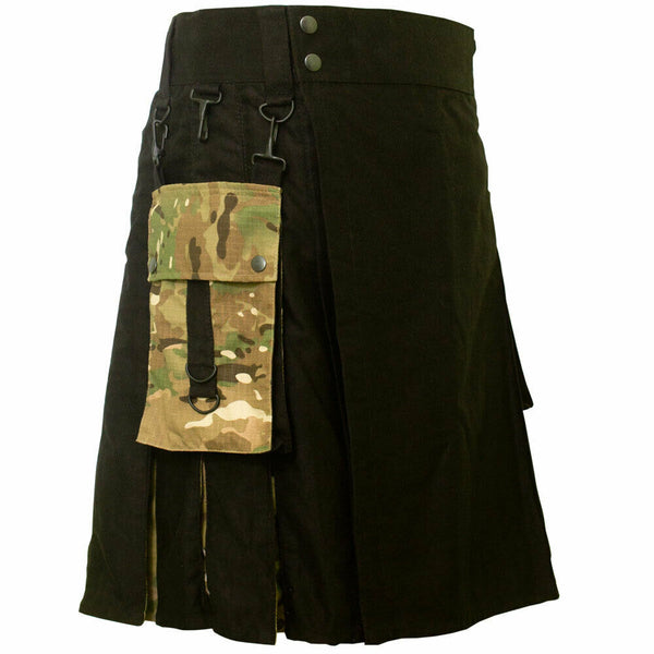 Men's Scottish Tactical Kilt Black With Camo Pleat Kilts For Men