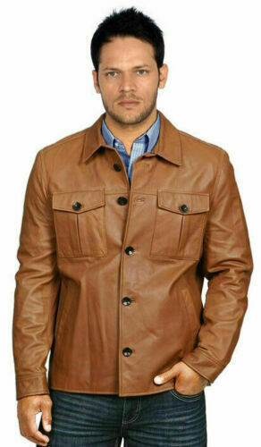 Men's Brown Leather Shirt Long Sleeve Party Club