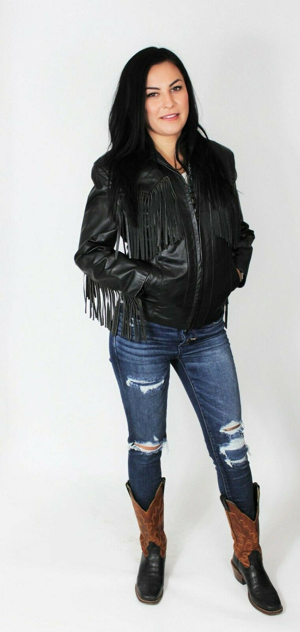 Women American Hollywood Style Western Cow Girl Leather Jacket with Fringe