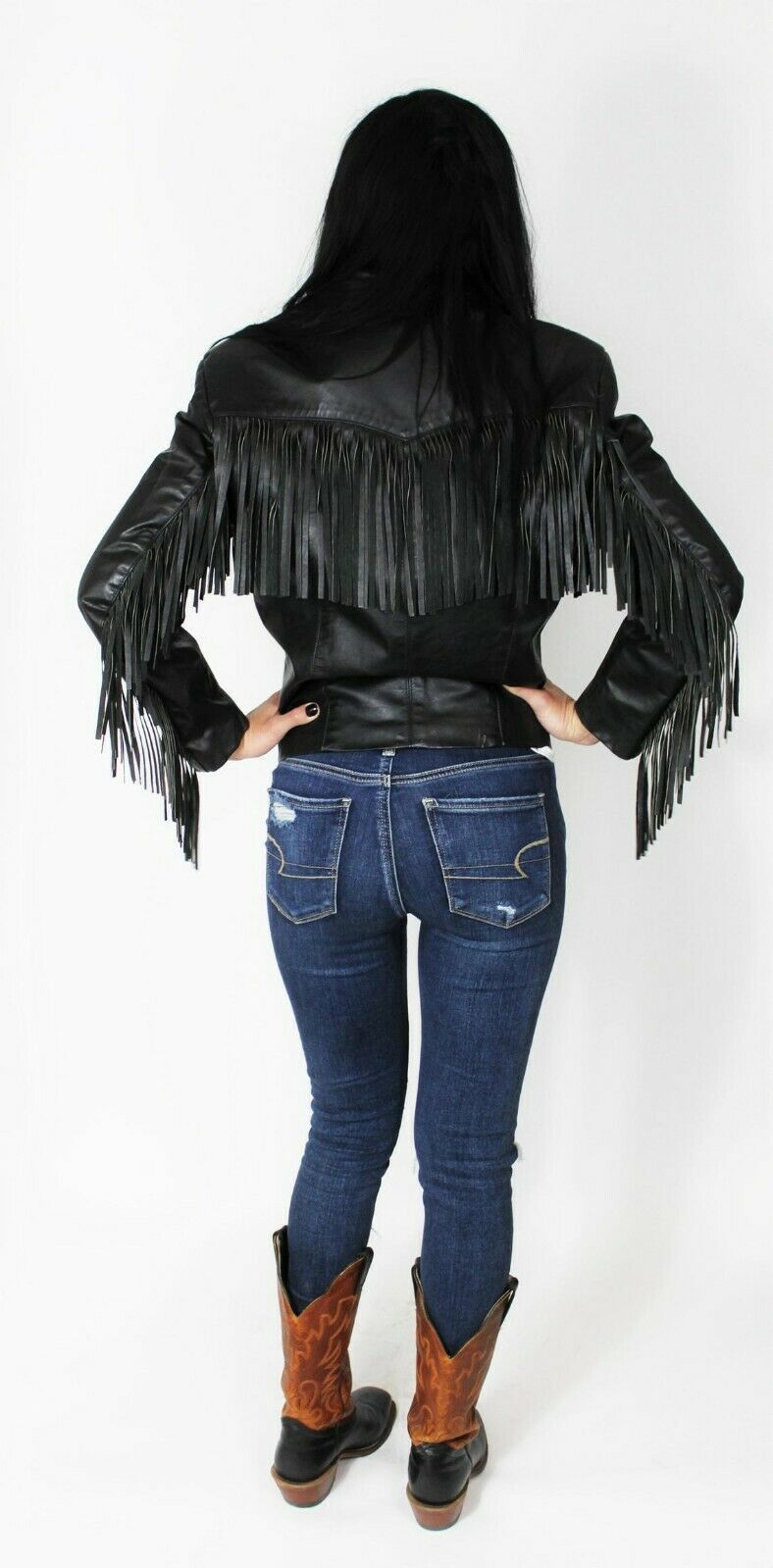 Women American Hollywood Style Western Cow Girl Leather Jacket with Fringe