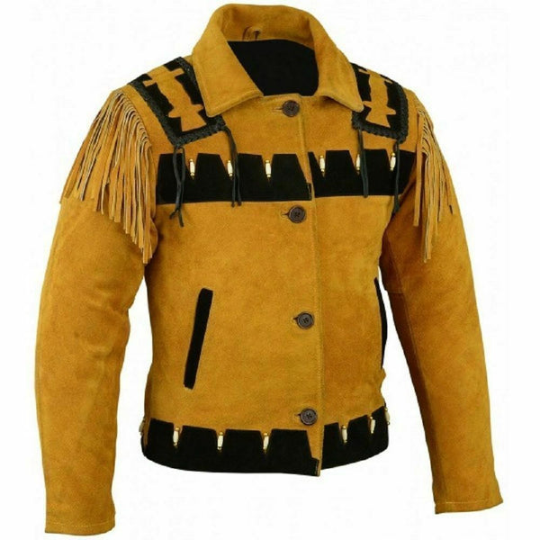 Men Suede Western Cowboy Leather Jacket With Fringed & Bead Work -Golden Brown