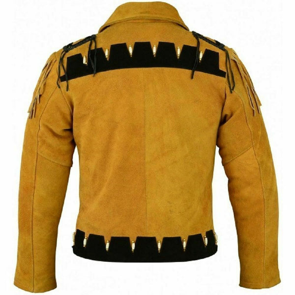Men Suede Western Cowboy Leather Jacket With Fringed & Bead Work -Golden Brown