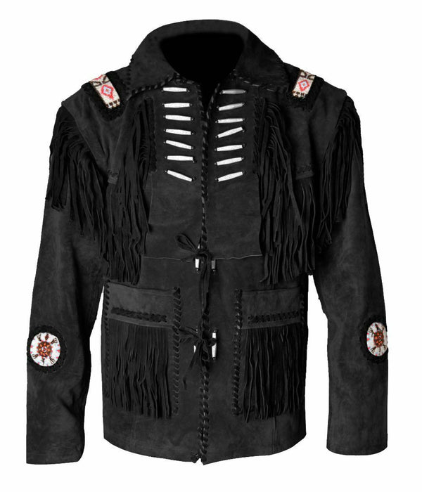 Men's Western Leather Jacket With Fringe & Bead Work