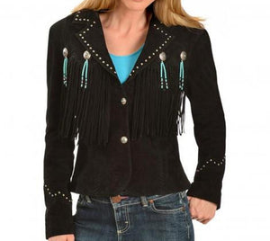 Women black Suede Leather Western Cowboy Jacket With Fringe, fringe jackets