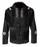 Men's Western Leather Jacket With Fringe & Bead Work