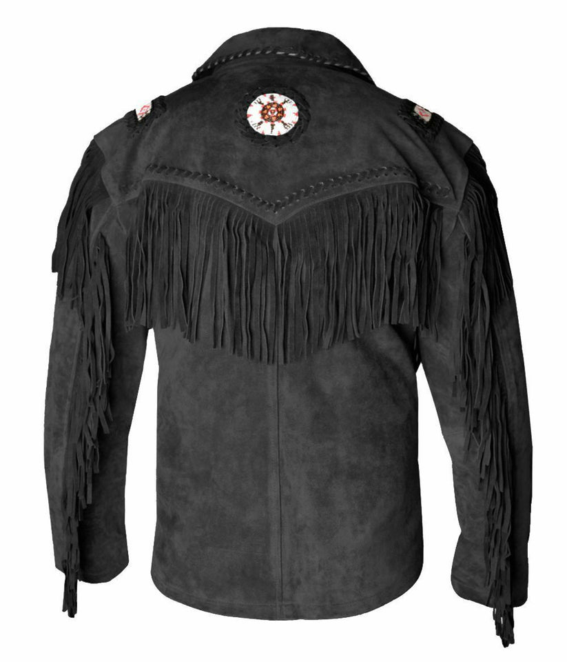 Men's Western Leather Jacket With Fringe & Bead Work