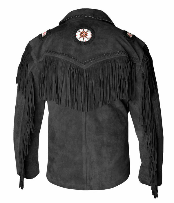 Men's Western Leather Jacket With Fringe & Bead Work