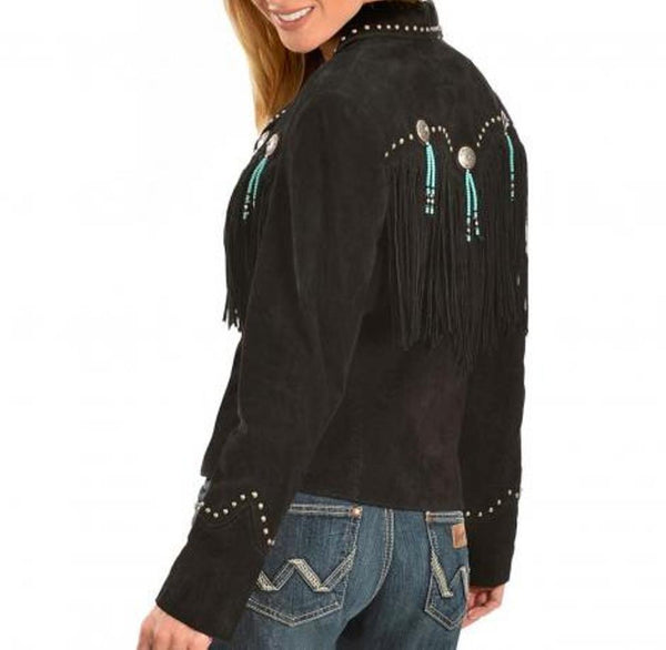 Women black Suede Leather Western Cowboy Jacket With Fringe, fringe jackets