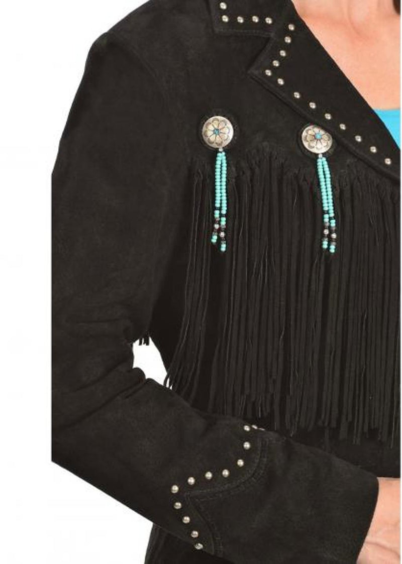 Women black Suede Leather Western Cowboy Jacket With Fringe, fringe jackets