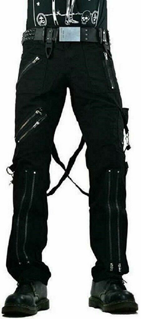 Gothic Straps Zipper Trousers Punk Rock Studs Metal Chain Mens Pant