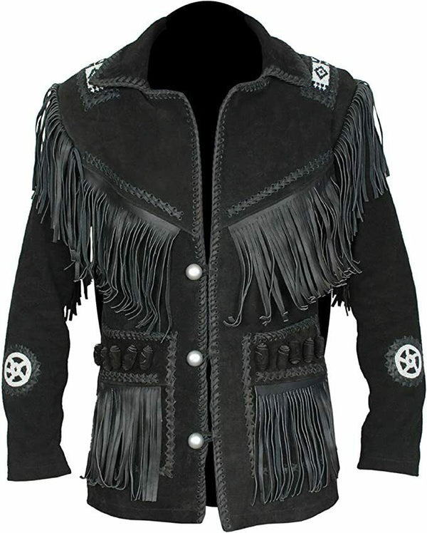 Men's Leather Jacket With Fringe & Bead Work