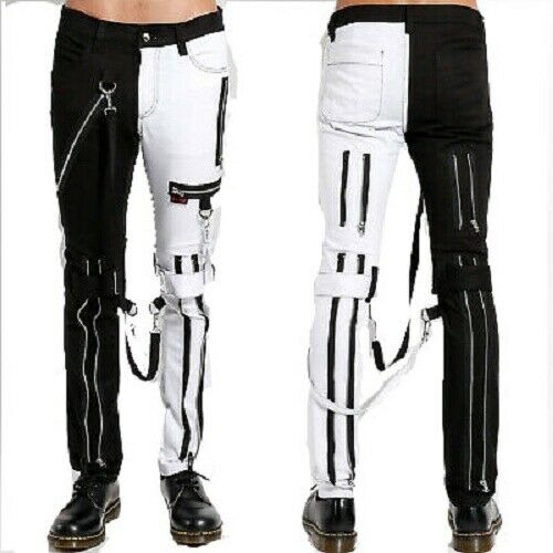 Gothic Bondage Men Pant Black & White Cotton Pants Rock Hard Trouser