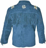 Men Suede Western Cowboy Leather Jacket With Fringe & Beaded - Blue