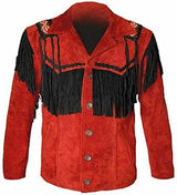 Men Red Suede Leather Jacket Black Fringe & Beaded - Western Cowboy jacket