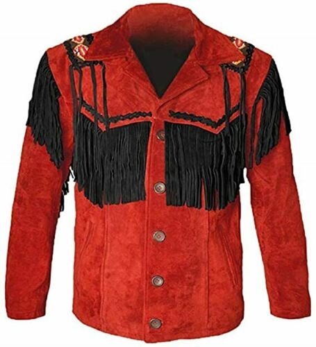 Men Red Suede Leather Jacket Black Fringe & Beaded - Western Cowboy jacket