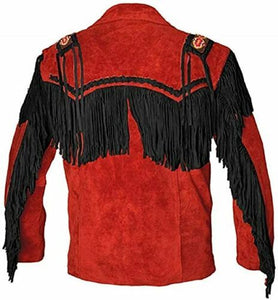 Men Red Suede Leather Jacket Black Fringe & Beaded - Western Cowboy jacket