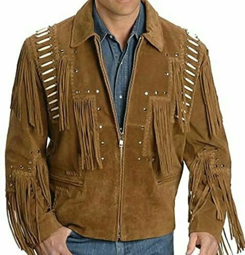 Men Brown Cowboy Style Suede Leather Jacket Fringe & Shoulder Beads Work